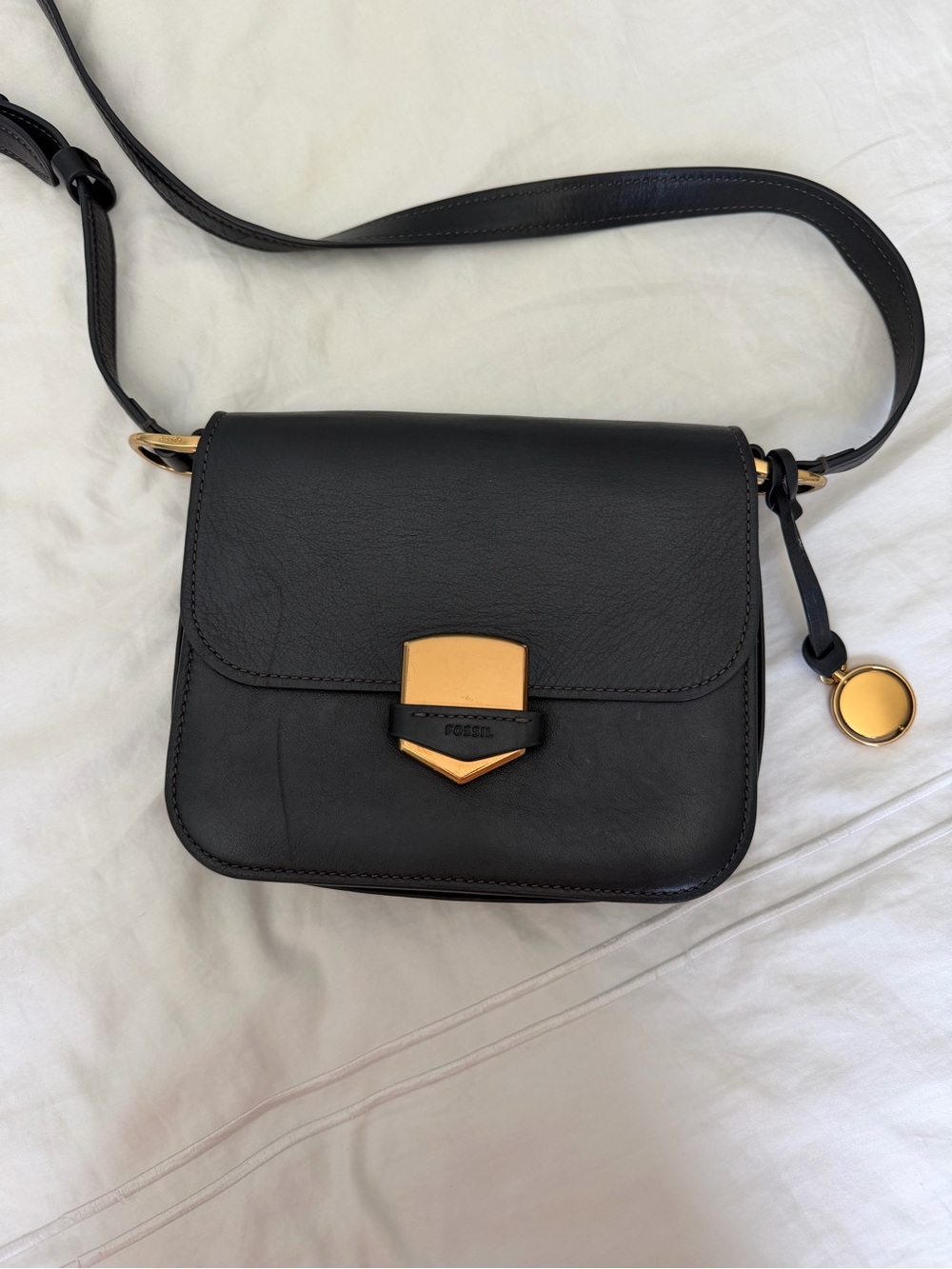 Fossil Lenox Navy Leather Crossbody with Gold Accent